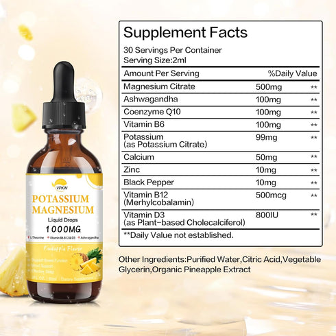 Potassium Magnesium Citrate Supplement,Magnesium Liquid Drops 1000mg with Magnesium Glycinate, Support Calm & Bone & Muscle & Immune Health (Pinea...