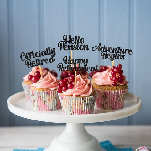 48 Pieces Happy Retirement Cupcake Toppers, Officially Retired Hello Pension Adventure Begins Cupake Picks for Farewell Party Supplies Decor(Black...