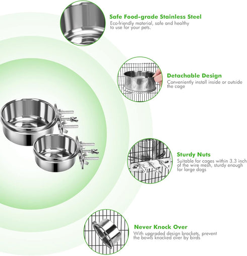 Dog Food Water Bowl for Cage with Clamp Holder, Stainless Steel Pet Kennel Hanging Bowls Non-Spill Detectable Bowls Crate Feeder for Small Medium ...