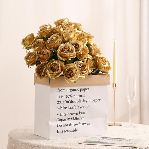 Veryhome 10 Pcs Artificial Gold Flowers Silk Roses Real Touch Bridal Wedding Bouquet Gold Rose for Christmas Home Garden Party Floral Decor...
