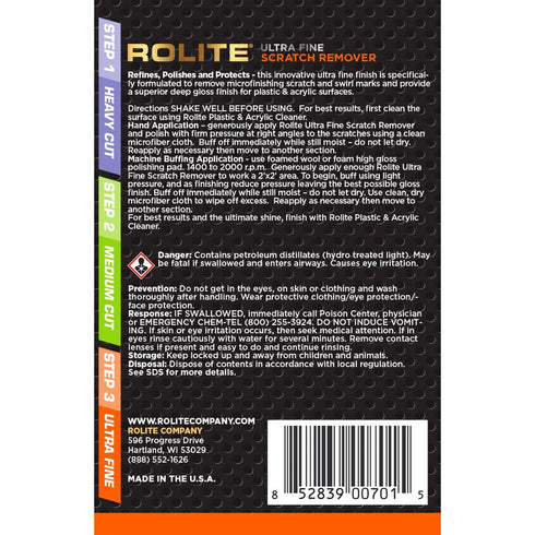 Rolite Ultra Fine Scratch Remover (8 fl. oz.) for Plastic & Acrylic Surfaces Including Marine Strataglass & Eisenglass, Headlights, Aquariums...