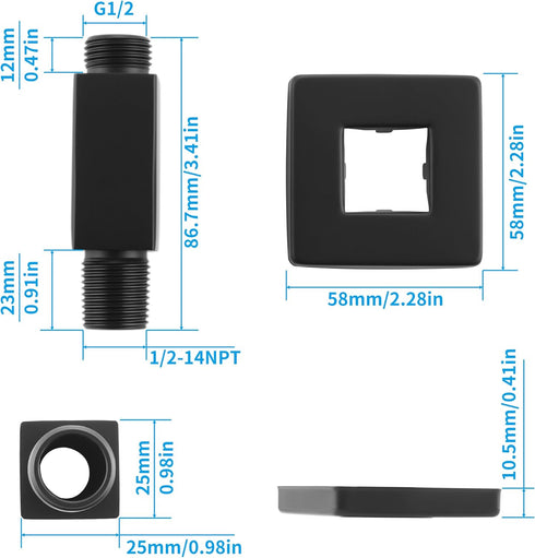 Straight Shower Arm with Flange Ceiling Mount Square Shower Extender for Fixed Shower Head 3 Inch Rainfall Shower Head Arm Extension, Matte Black...