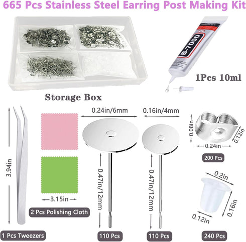 N NOROCME 665Pcs Earring Posts with Jewelry Glue Tweezers,Stainless Steel Jewelry Making Hypoallergenic Earring Posts and Backs,Stud Earrings with...