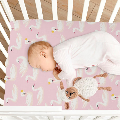 Fitted Crib Sheets Pink Cute Swan Animals Stretchy Portable Playard Sheets for Baby Toddler, Breathable Soft Mini Crib Mattress 39 x 27 in for Boy...