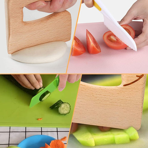 Leking 8 Pcs Wooden Kitchen Knife Set for Kids - Includes Safe Knives, Serrated Plastic Knives, Potato Slicers, Sandwich Cutter, Peeler and Cuttin...
