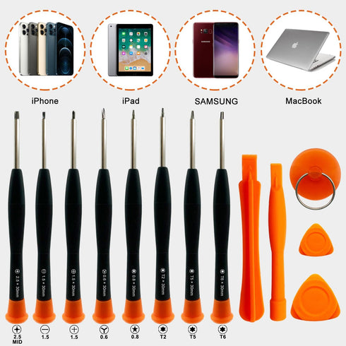 Screwdriver Set Compatible with iPhone Samsung Macbook, Phillips #000 1.5mm, P2 Pentalobe Screwdriver, Tri-point Y000, T2 T5 T6 Torx, Suction Cup,...
