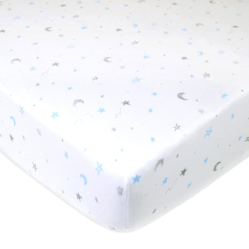 TL Care Fitted Crib Sheet 28" x 52", Soft Breathable Neutral 100% Cotton Jersey Sheet, Blue Stars and Moon, for Boys and Girls, Fits Crib and Todd...