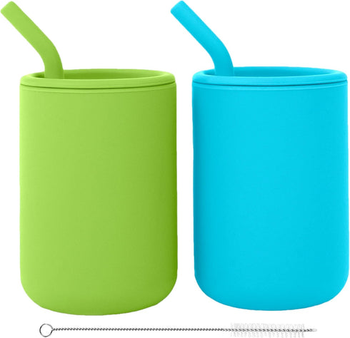 WeeSprout Silicone Baby Cups With Straws and Lids, 4 & 8 oz Options, Set of 2, Food Grade Toddler Training Container, Built In Straw Stoppers, Mea...