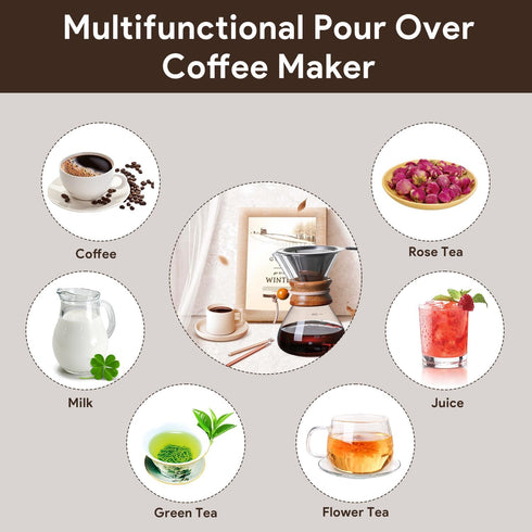 Tissting Wood Neck Pour Over Coffee Maker,400ml Sleeve Coffee Brewer with Permanent Stainless Steel Filter,Glass Coffee Pot for Home Cafe Party...