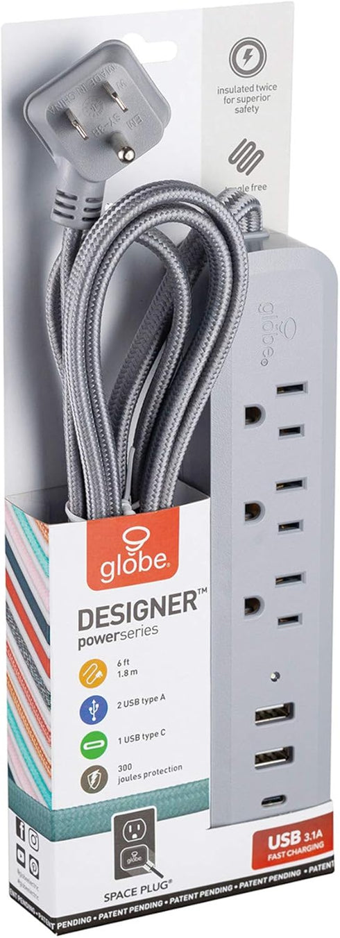 Globe Electric Designer Series 6-ft 3-Outlet USB Surge Protector Power Strip, 2x USB-A Ports, 1x USB-C Port, Right Angle Plug, Gray, 78551...