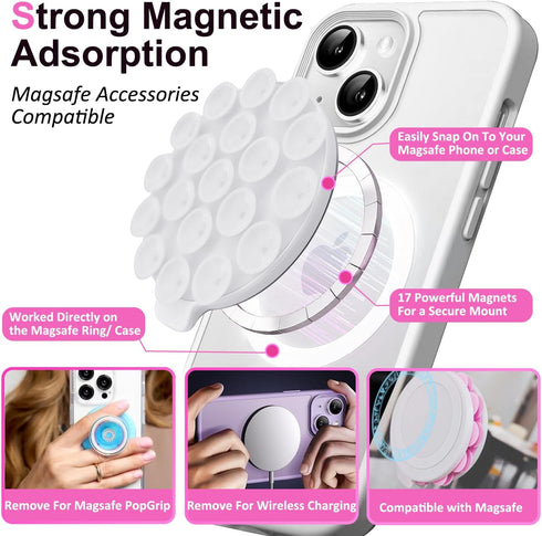 Silicone Suction Cup Phone Mount, Magnetic Suction Phone Case Holder Strong Grip for Selfies and Videos, Hands Free Mirror Shower Phone Holder (Wh...