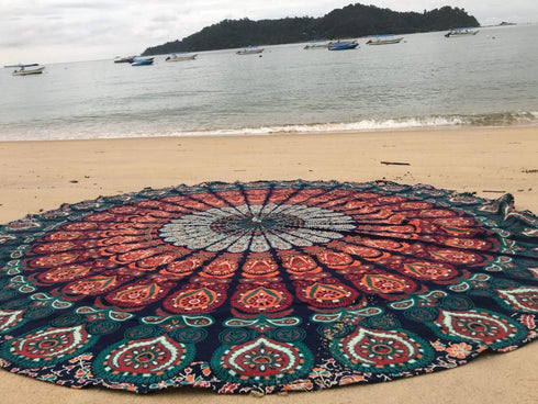 raajsee Round Beach Tapestry Blue Orange Mandala Throw/Boho Hippie Beach Blanket Roundie/Indian Cotton Bohemian Large Round Table Cloth/Yoga Mat M...