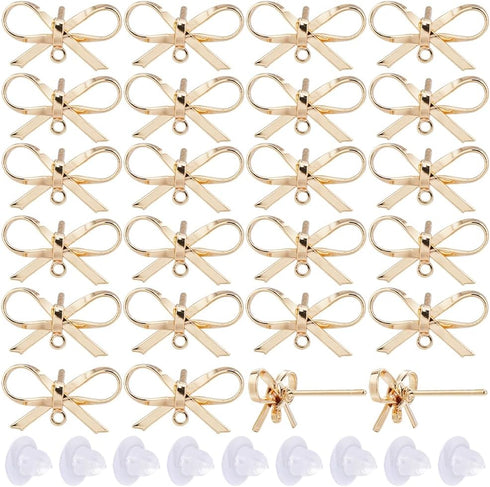 SUNNYCLUE 1 Box 20 Sets Real 18K Gold Plated Earring Posts Stud Earring Findings Earring Studs Earring Stud with Hole Bowknot Post Earrings for Je...