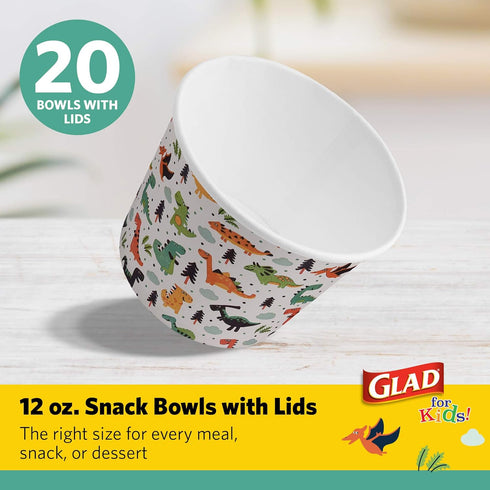 Glad for Kids Dinosaur Party Supplies - Heavy Duty Disposable Paper Snack Bowls with Lids, Perfect for Birthday Parties, Colorful Party Plates. Gr...