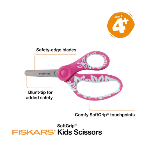 Fiskars 5" SoftGrip Blunt-Tip Scissors for Kids Ages 4-7 - Scissors for School or Crafting - Back to School Supplies - Pink/Turquoise Floral...