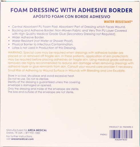 Areza Medical - Foam Wound Dressing Polyurethane - Sterile - 6.5" x 6.5" (16.5 cm x 16.5 cm) - Adhesive Border - 5 PCS - FSA/HSA Approved...