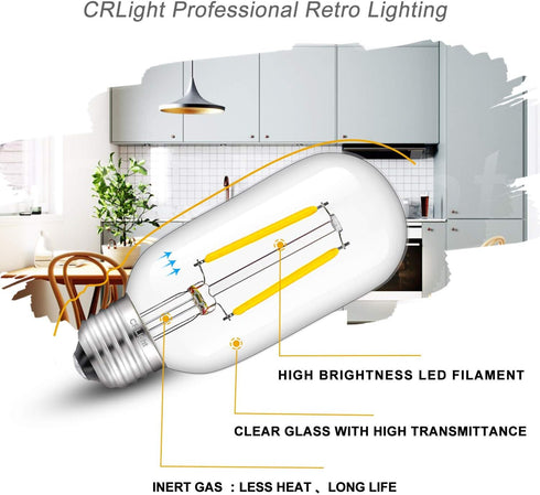 CRLight LED Tubular Bulb 4000K Daylight White, 30W Equivalent 300 Lumens, 2W Dimmable LED Filament Light Bulbs, E26 Base Antique Edison T45 Clear ...
