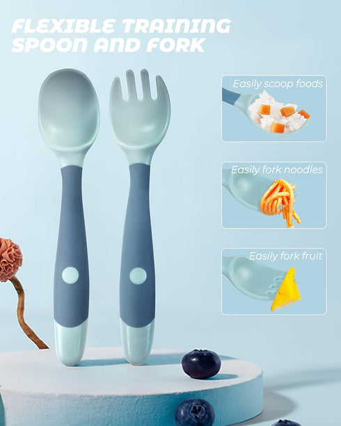 10 Pcs Toddler Utensils, Spoons and Forks Set with Bendable Handle, 5 Toddler Forks and 5 Toddler Spoons, Baby Feeding Set for Self Feeding, Silic...
