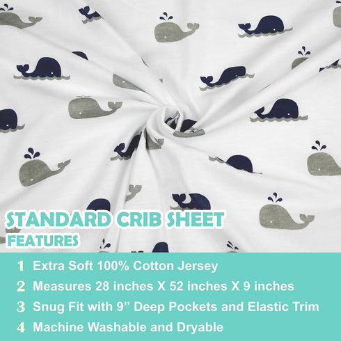 American Baby Company 100% Natural Cotton Fitted Crib Sheet 52" x 28" - Soft, Breathable, Hypoallergenic & Gentle Toddler Bed Sheet, Navy Whale, N...