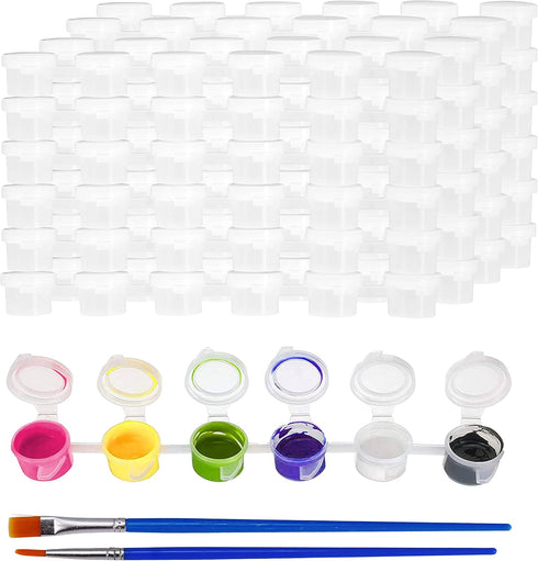 Mandala Crafts 150 Empty Acrylic Paint Pots with Lids 25 Mini Paint Pot Strips - 3ml 0.1oz Plastic Paint Pods 40 Brushes - Clear Small Paint Conta...