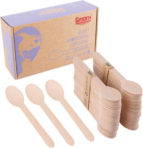 Gmark 100 ct Wooden Spoons, 6.5" Length, No Plastic Earth-Friendly, Disposable Biodegradable Wooden Cutlery, Green Product (Bag of 100pcs) GM1045...