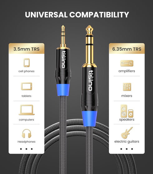 tisino 1/8 to 1/4 Stereo Cable, 3.5mm to 1/4 Adapter Aux Cord Stereo Audio Cable for Guitar, Keyboard Piano, Laptop, Home Theater Devices, Speaker...