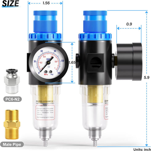 TAILONZ PNEUMATIC 1/4 Inch NPT AFR2000 Air Filter Pressure Regulator Kit?0 to 145 Psi?5 Micron Brass Element Air Tool Compressor Filter with Gauge...