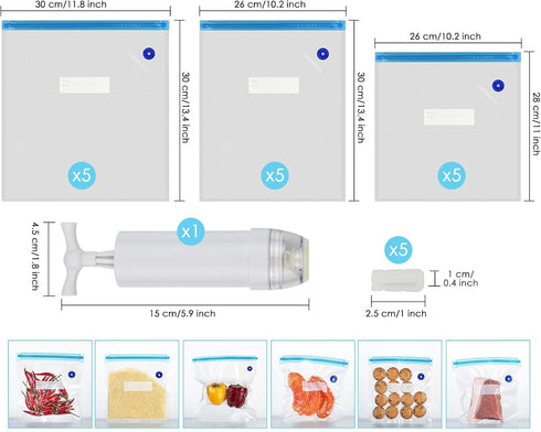 Sous Vide Bags Set of 21 Pieces (Includes 5 Large/5 Medium/5 Small Vacuum Seal Bags, 1 Hand Pump and 5 Sealing Clips) for Sous Vide Cooking, Micro...