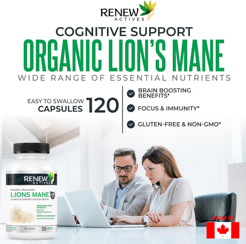 Renew Actives Organic Lions Mane Mushroom Supplement - 40% Polysaccharides, Immune Wellness & Rich in Antioxidant - 120 Capsules...