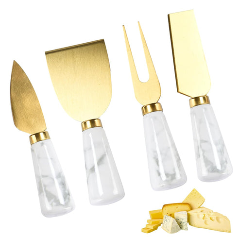 Hallops Marble Cheese Knife Set - 4 Knives for Charcuterie Board & Utensils, Rustic Ceramic White Handle, Elite-Quality Cutlery, Ideal Serving Acc...