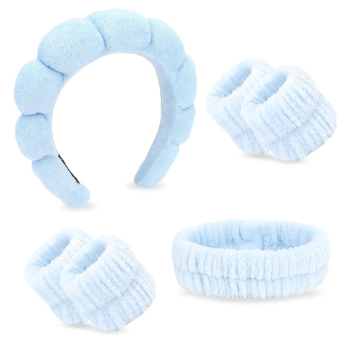6Pcs Blue Spa Headbands and Wrist Washbands Set, Skincare Headbands Sponge Face Wash Headband Makeup Headband, Terry Cloth Headbands Face Towel Wr...