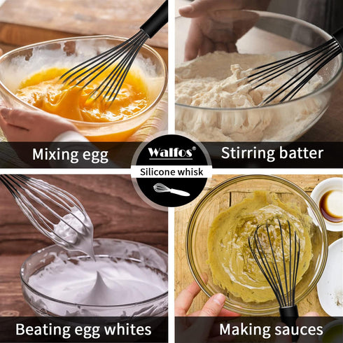 Silicone Whisk Set, Walfos 8.5''+10''+12'' Balloon Whisk and 6.7'' Mini Whisk Set for Blending Beating Stirring and Kitchen Cooking?Black?...