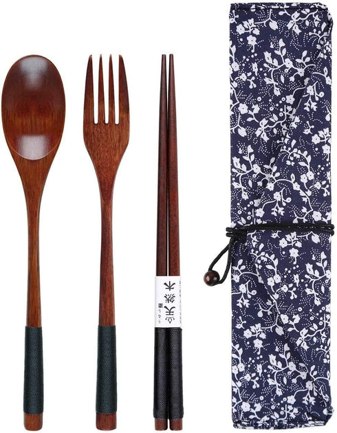 Wooden Chopsticks Spoon Fork Set Japanese Style Tableware Travel Utensils with Pouch for Camping,Picnic,Office or Home (Style A)...