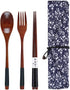 Wooden Chopsticks Spoon Fork Set Japanese Style Tableware Travel Utensils with Pouch for Camping,Picnic,Office or Home (Style A)...