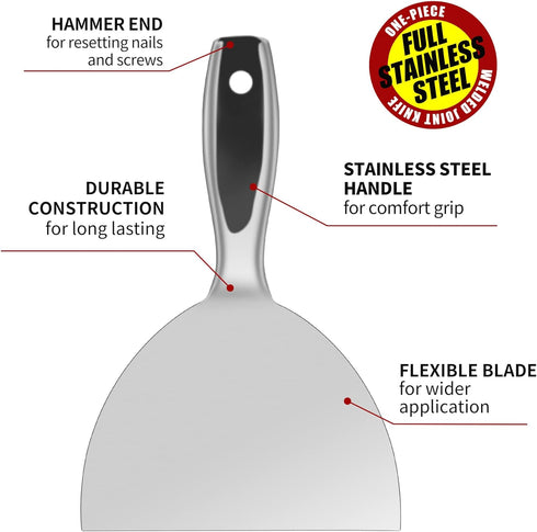 Putty Knife 6 Inch,One Piece Premium Polished All-Stainless Steel Scraper Tool for Drywall Finishing,Professional Grade Putty Blade for Scraping P...