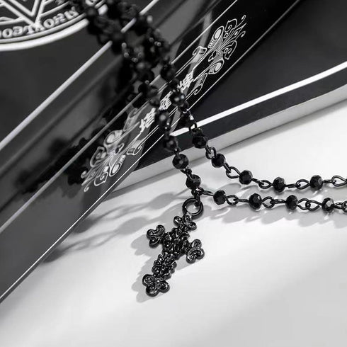 Gothic Bead Cross Necklace,Punk Black Cross Pendant Beaded Necklace for Men Women,Layered Cross Choker Necklace,Goth Gothic Y2k Necklaces,Hallowee...