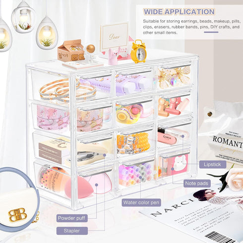 Desk Storage Organizer with 12 Mini Drawers, FODIENS Clear Desktop Craft Drawer Cabinet, Stackable Storage Box Caddy for Makeup Jewelry Office Cra...