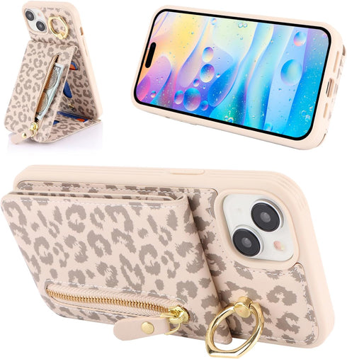 iPhone 15 Case with Card Holder for Women, iPhone 15 Phone Case Wallet with Strap Credit Card with Kickstand Zipper Case for iPhone15 - Rice Leopa...
