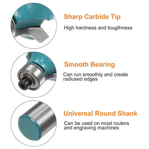 2pcs Roundover Router Bit 1/2 Shank 1/4" Radius Carbide Tipped Edge Rounding Over Bit with Bearing Guide, Woodworking Milling Tool, Cyan...