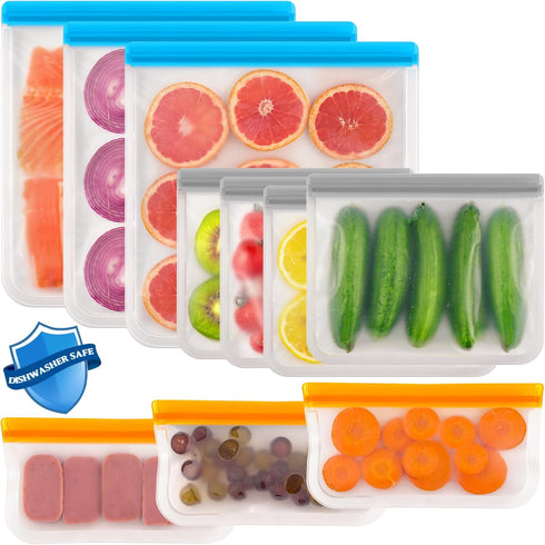 ANZNKU 10 Pack Reusable Food Storage Bags, BPA Free PEVA Reusable Freezer Bags, Dishwasher Safe Silicone Bags, Leak-proof Reusable Lunch Bags for ...