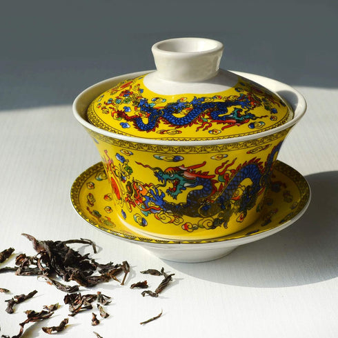 Gaiwan Teacup 7oz Chinese Dargon Sancai Cover Bowl Lip Saucer Set for Gongfu Tea (Yellow)...
