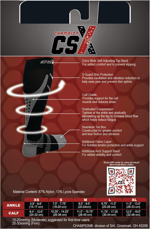 CSX 20-30 mmHg Compression Socks for Men and Women, Knee High, Recovery Support, Athletic Sport Fit, Red on Black, Large...
