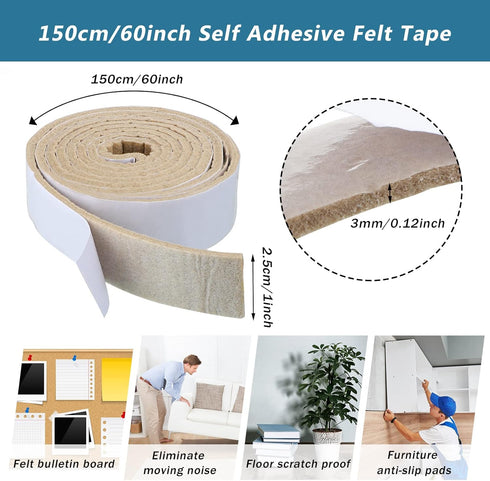 2 Packs Felt Strips with Adhesive Backing Non Slip Felt Furniture Pads Adhesive Felt Roll Felt Tape for Protecting Hardwood Floors Chair Wall Prot...