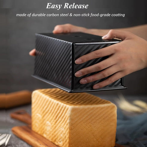 Loaf Pan Pullman Bread Pan with Lid, 1 lb Dough Capacity Non-Stick Toast Box Mold, Rectangular Loaf Baking Pan Carbon Steel Corrugated Bakeware wi...