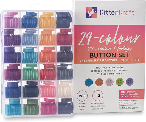 24 Colour 4-Hole Resin Button Set, Choice of Small, Medium or Large Sizes, Haberdashery for Crafting, Sewing, Replacement, Knitting Sweaters, Hand...