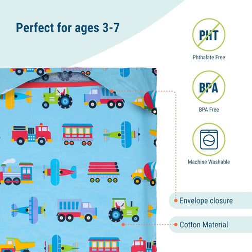 Wildkin Kids Cotton Nap Mat Cover – Soft, Sewn-in Flap, Durable & Fits 1.5" Vinyl Sleep Mats - Trains, Planes & Trucks...
