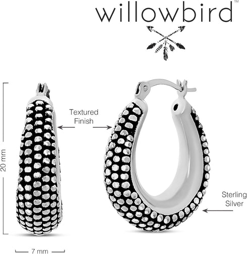 Oxidized Sterling Silver Beaded Texture Oval Black Hoop Earrings for Women...