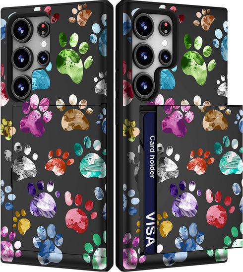 Compatible with Samsung Galaxy S24 Ultra Case Cute with Card Holder/Slim Wallet Phone Case for Women Galaxy S24 Ultra/Colorful Doodle Paws Dog Cra...