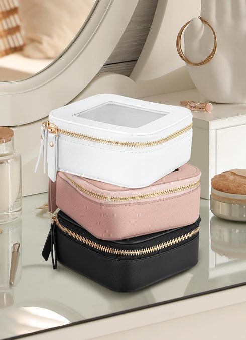 Mini Clear Makeup Bag - White Leather Makeup Pouch for Travel & School, Small Toiletry Bag for Purse & Backpack, Waterproof Square Organizer with ...