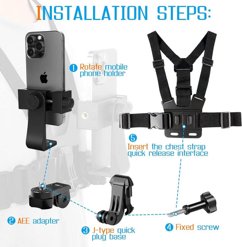 Mobile Phone Chest Mount Harness Strap Cell Phone Holder Mount for Video Recording Bike/Kayak/Fishing/Skateboard POV/VLOG for iPhone/Samsung for G...
